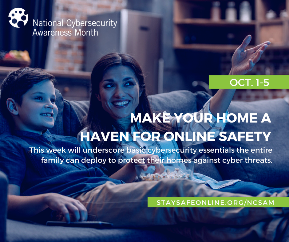 Mother and son sitting on couch overlaid with "Make Your Home A Haven For Online Safety"